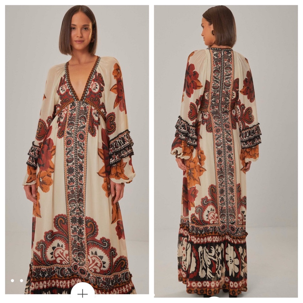 Farm Rio Sand Winter Tapestry V Neck Maxi Dress